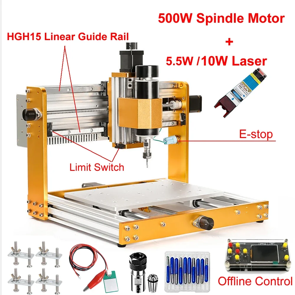 Mini Laser Engraver Cnc Router - リニアガイドレールオフラインアルミミニCNCルーター3018 Plus彫刻機500Wスピンドル5.5W 10WレーザーPCBフライス盤